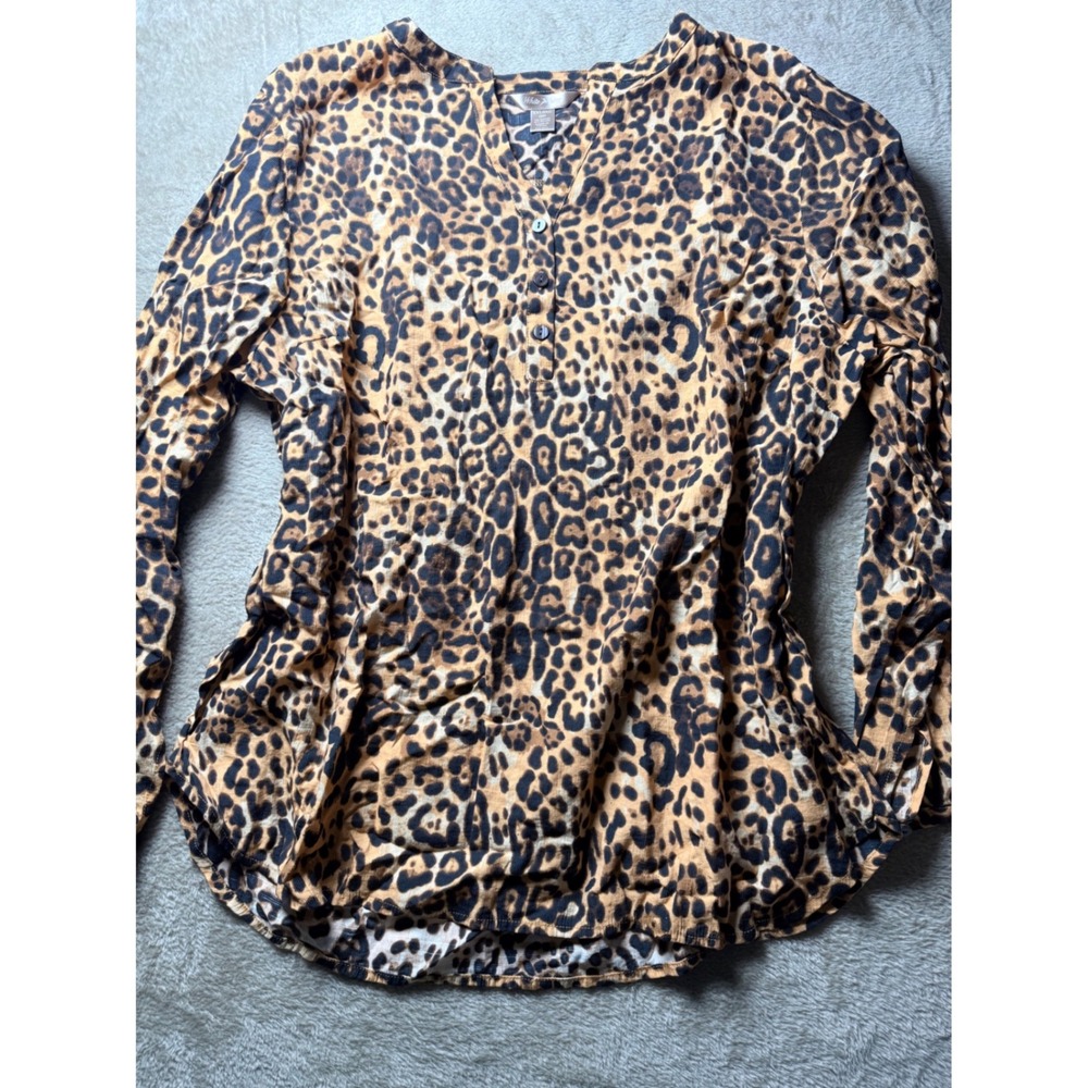 White Stag Leopard Print Henley Tunic Top Brown Black XXL Long Sleeve Blouse